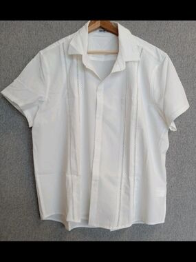 Men's White Short-Sleeve Button-Down Shirt with Decorative Panels